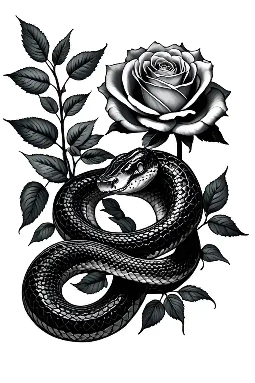 some plants and roses growing and one normal snake  tattoo design idea