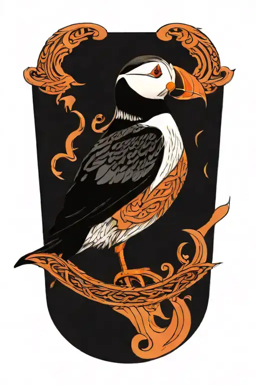 male puffin with an old scandinavian viking ship at sea tattoo design idea