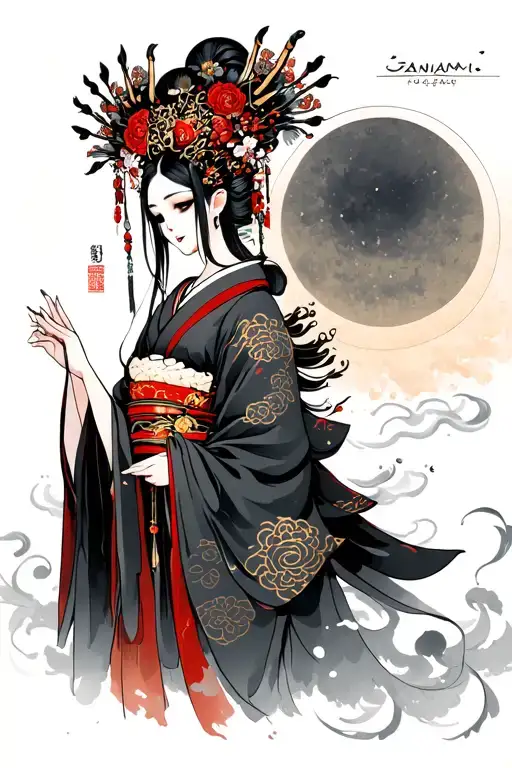 Izanami sama (death) with her crown and kimono, in the back the sun of death and mist (traditional japanese tatoo) tattoo design idea