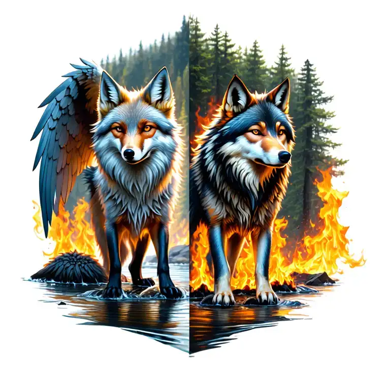 demonic fox standing in a creek on one side, other side angelic wolf standing in burning forest tattoo design idea