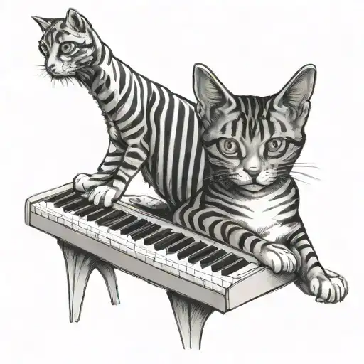 striped cat playing keyboard and jackie russel dog playing guitar tattoo design idea