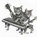 striped cat playing keyboard and jackie russel dog playing guitar tattoo design idea