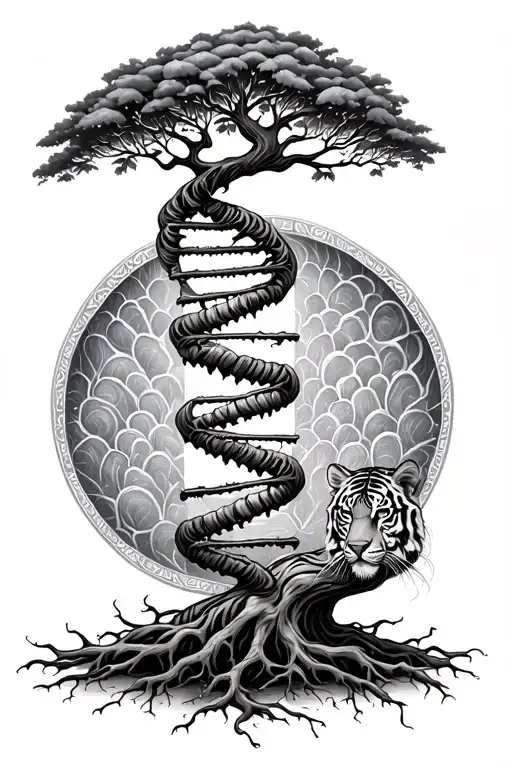 tree of life growing roots into the dna double helix with set of scales tiger in background   tattoo design idea