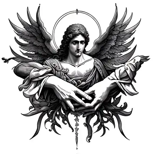 I want a back tattoo where hands of adam and god is about to touch place on top of shoulder blades and two big Iranian h tattoo design idea