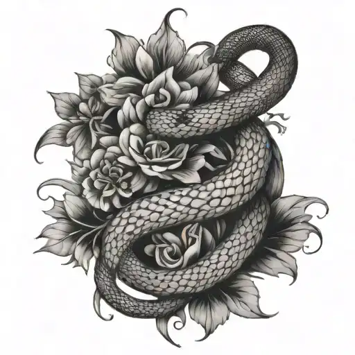 Feminine flower ornamental realism snake tattoo design idea