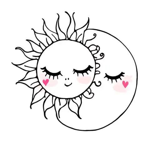  girly sun and moon with heart cheeks and bold eyelashes and eyebrows. they're side by side.the sun is melting the moon  tattoo design idea