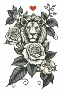 rose, lion, dogwood flowers, love heart tattoo design idea
