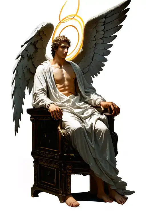 A MALE ANGEL WITH A HALO ON THRONE WITH FAIRY WINGS tattoo design idea