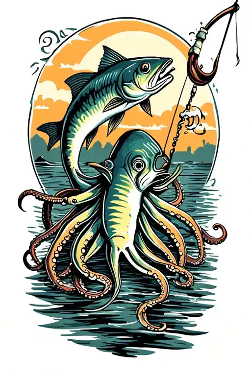 squid fishing for sturgeon with hook tattoo design idea