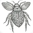 tribal bettle bug with the letters "DJ" being used to ceate the body tattoo design idea