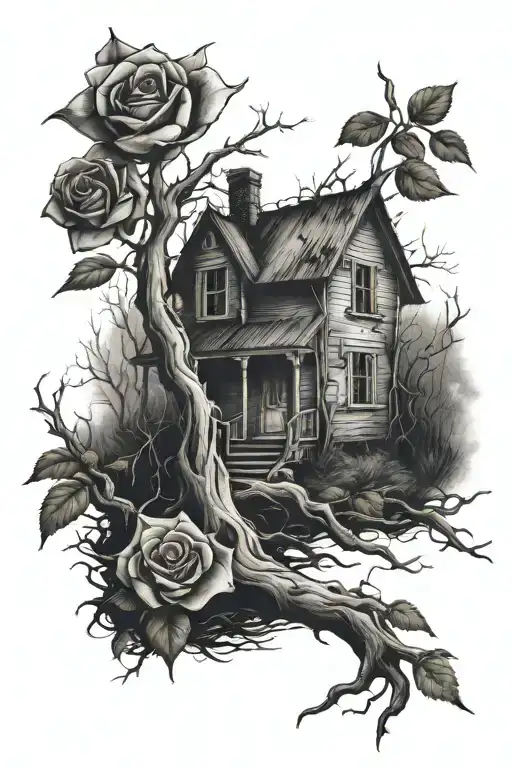 abandoned house, tree roots, roses tattoo design idea
