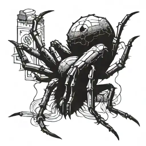 spider black creepy on top of a pack of cigarettes that wraps its legs around it tattoo design idea