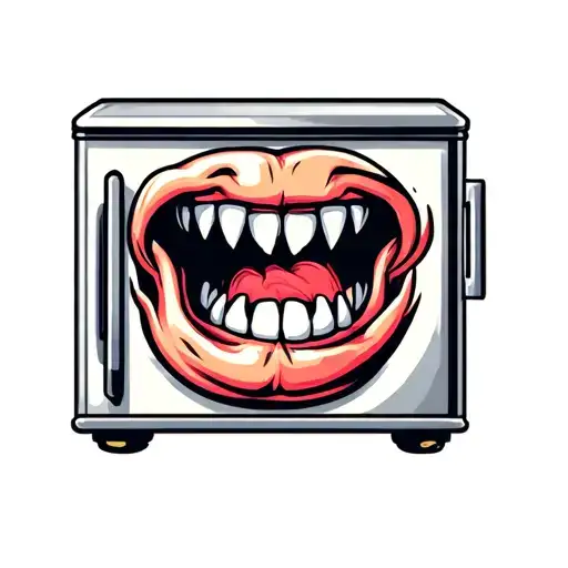 refrigerator with sharp teeth biting a hand  tattoo design idea