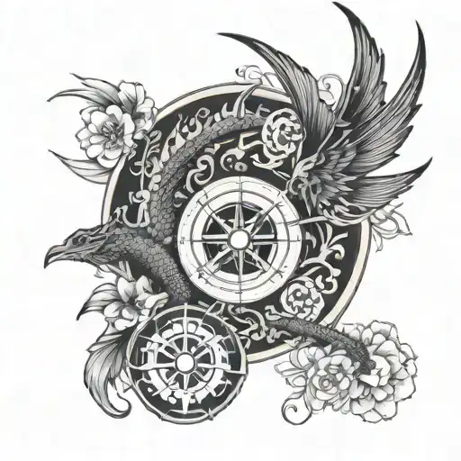 dragon phoenix plumeria compass tattoo design idea
