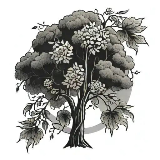 willow tree and marigold flower tattoo design idea