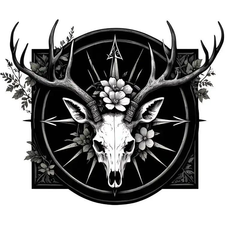 deer skull, stipple flowers, viking compass, gothic window  tattoo design idea