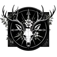 deer skull, stipple flowers, viking compass, gothic window  tattoo design idea