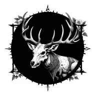 deer skull, stipple flowers, viking compass, gothic window  tattoo design idea