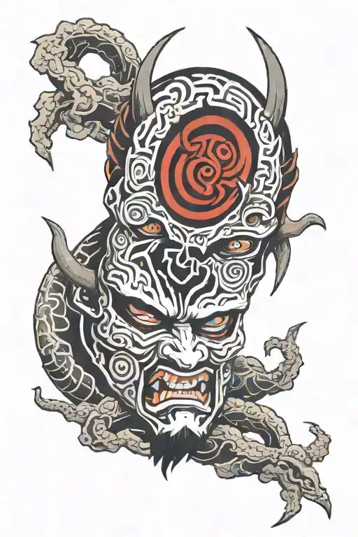 split oni mask sharingan eyes tattoo design idea
