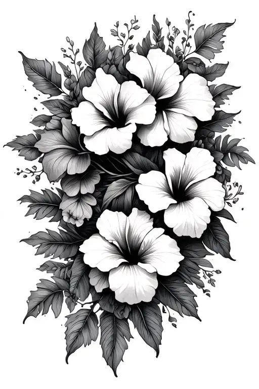 long hip tattoo with honeysuckle and hibiscus flowers, black and gray fine-line art  tattoo design idea