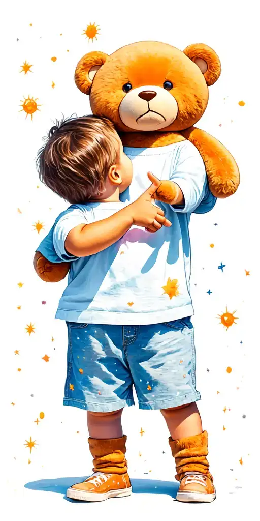 Little kids holding holding a teddy bear faces forward pointing to the sky. Its an expanding scene of space tattoo design idea