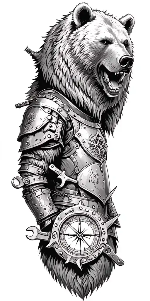 Midieval armor incorporating a compass, angry grizzly bear, pipe wrenches, spatulas, pen, Journal tattoo design idea