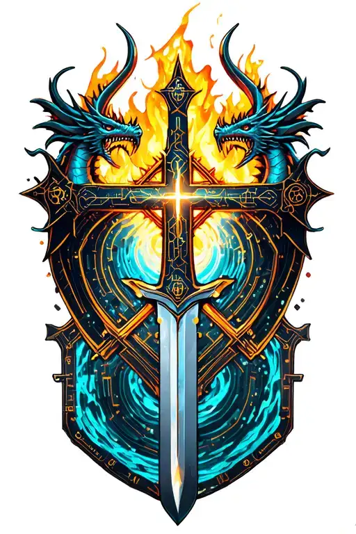 Two daggers and sword hiden behind a shield. Orthodox cross. Water fire. Dragon tattoo design idea
