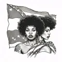 American flag withh half face black woman with afro and us marine flag tattoo design idea