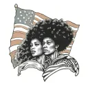 American flag withh half face black woman with afro and us marine flag tattoo design idea