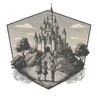 Disney castle on a hill with a boy and a girl holding hands walking towards it tattoo design idea
