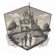 Disney castle on a hill with a boy and a girl holding hands walking towards it tattoo design idea