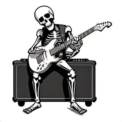 a skeleton playing electric guitar sitting on a amplifier tattoo design idea