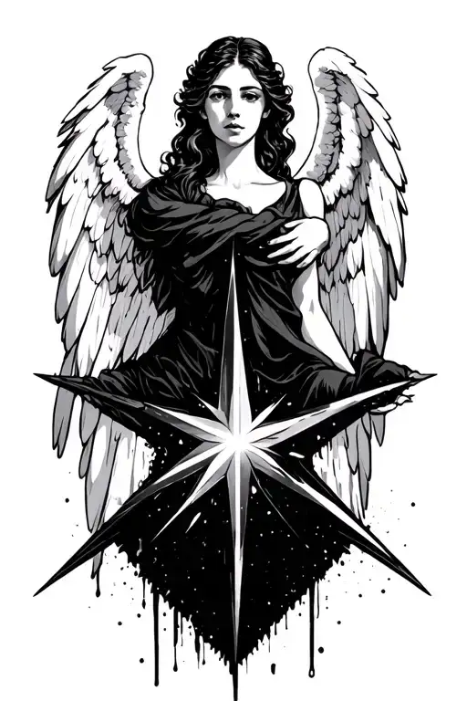Angel woman of captivating beauty, looking melancholy, stretching her arm towards a four-spiked star tattoo design idea