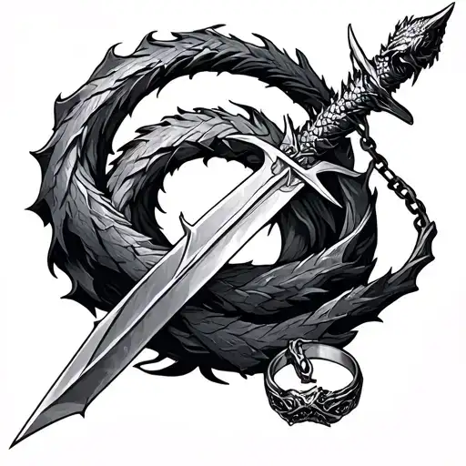 shards of narsil sword with Smaug wrapped around it and the ring dangling from a chain from the hilt tattoo design idea