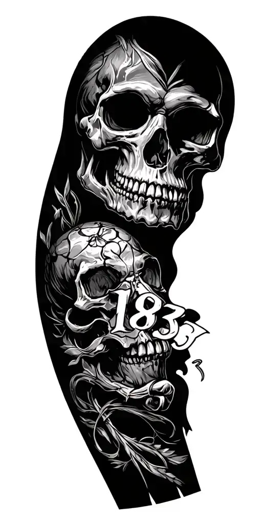 "1983" skull soft shading more line work and caravelas leg sleeve tattoo design idea