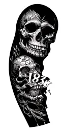 "1983" skull soft shading more line work and caravelas leg sleeve tattoo design idea