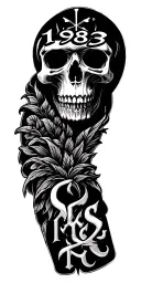 "1983" skull soft shading more line work and caravelas leg sleeve tattoo design idea