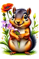 smiling chipmunk holding gladiolus flower with poppy flowers behind it tattoo design idea