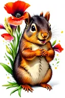 smiling chipmunk holding gladiolus flower with poppy flowers behind it tattoo design idea
