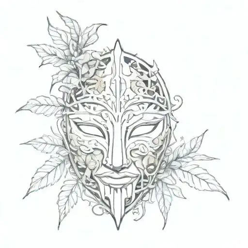 A small wooden mask left in a first floor, almost disappears among the overgrown weeds and plants that grow around it tattoo design idea