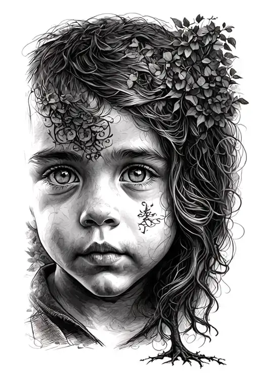 A sketch of my son's face with my wife's eyebrows and eyes, along with a voice from my wife's voice with the tree of lif tattoo design idea