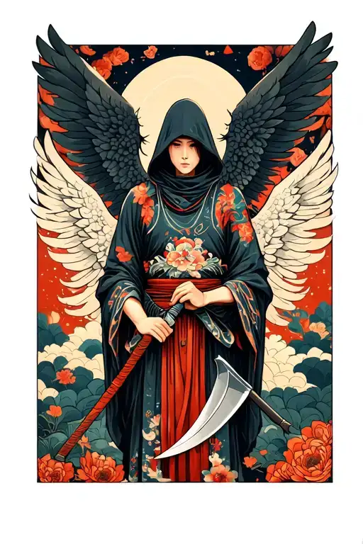 hooded figure behind angel holding a scythe tattoo design idea