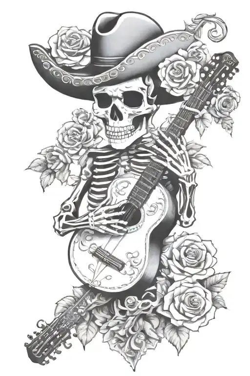 skeleton mariachi with roses tattoo design idea
