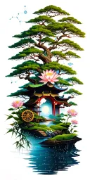 random constellation over layered Japanese landscape of trees,water,bamboo,scattered lotuses,and wood mechanical gears. tattoo design idea