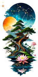 random constellation over layered Japanese landscape of trees,water,bamboo,scattered lotuses,and wood mechanical gears. tattoo design idea