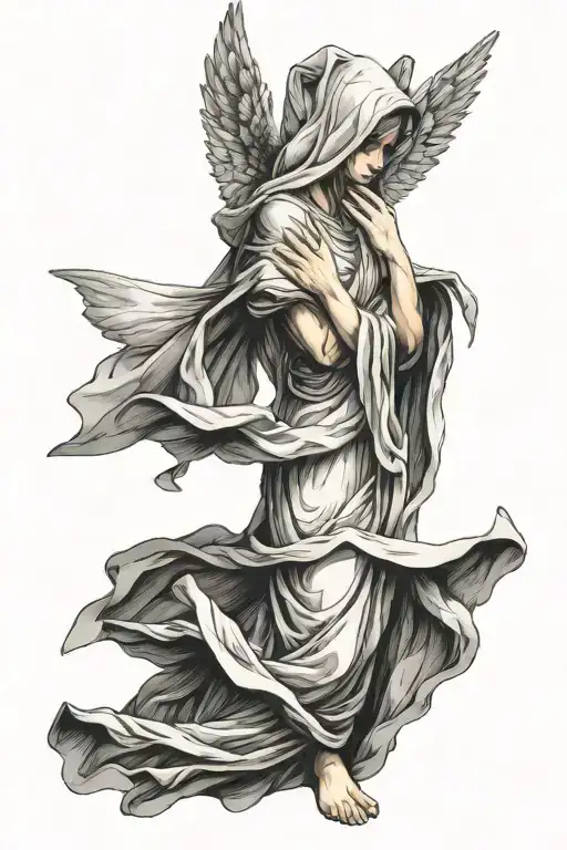 beautiful female side on angel, fingers interlocked praying, hooded face, toes coming out the bottom of flowing dress tattoo design idea