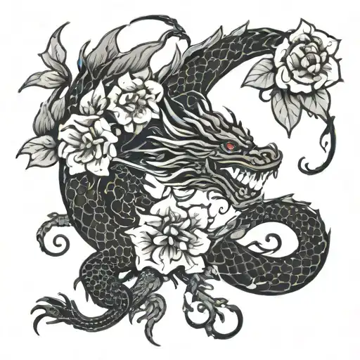 dead dragon with flowers tattoo design idea