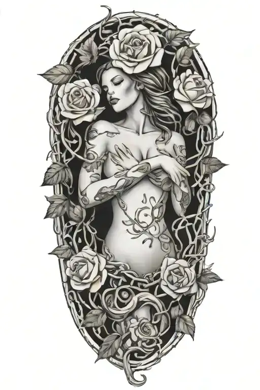 Naked girl, intertwined roots growing from chains on wrist, roses with sharp vines tattoo design idea