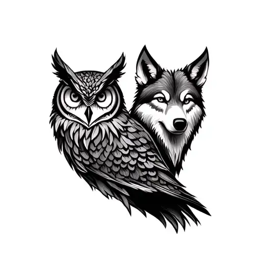 wolf and owl in forest  tattoo design idea