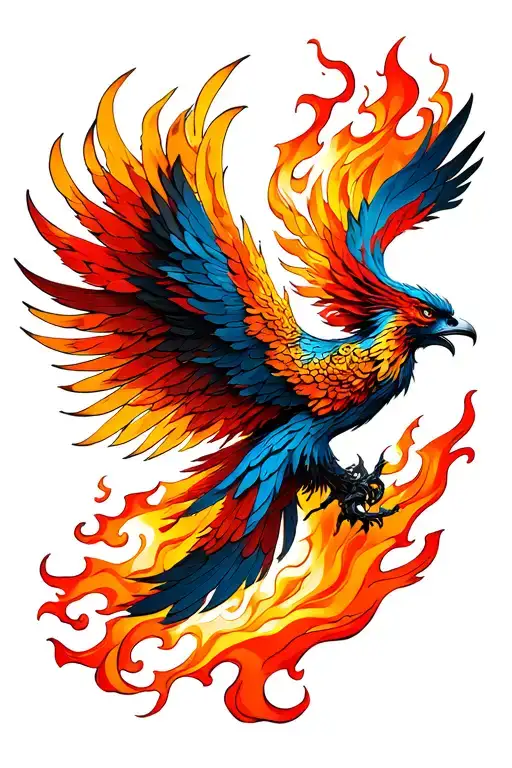 3d imersive phoenix rising from fire flames tattoo design idea